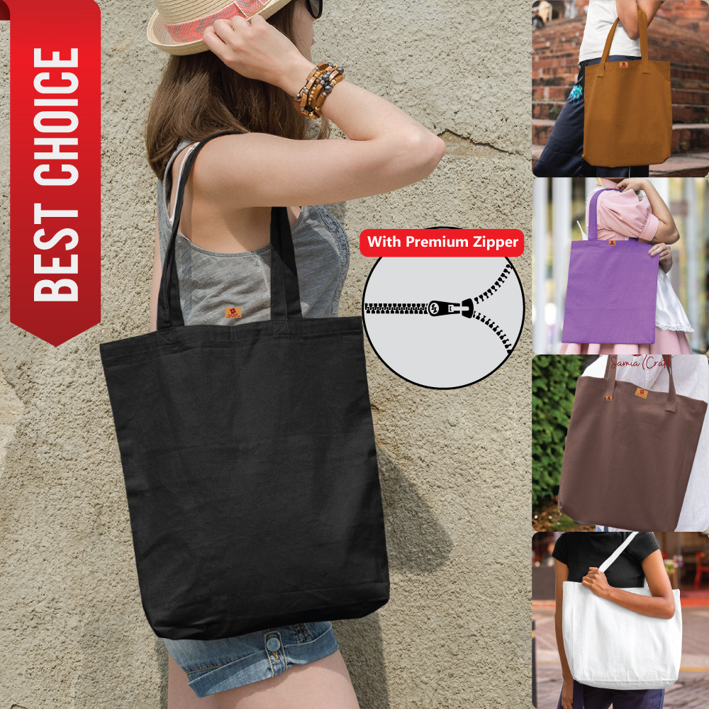 SamiaCrafts Multi Color High Quality Cotton Canvas Tote Bag with Premium Quality Zipper