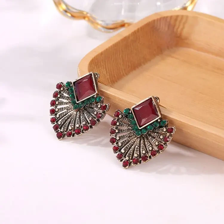 Ethnic Vintage Zircon Earrings Bohemia Fan-shaped Red Green Crystal Stud Earrings For Women