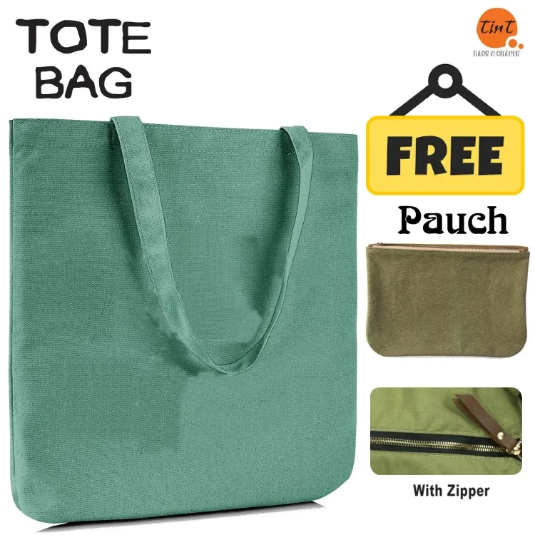 Canvas Tote Bag with free Mini Pouch Olive Green Color Shopping Bag /College University Bag, Tote Bag, Canvas Bag with Zipper Buy Bag get Pouch Free