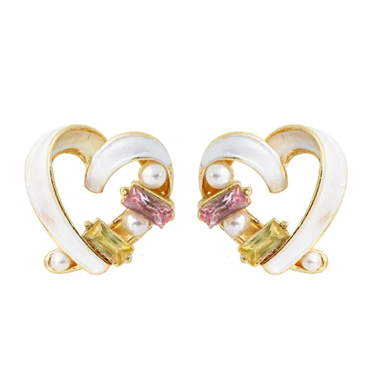 Fashion Love Heart Shape Ear Stud Faux Pearl Cubic Zirconia Earrings