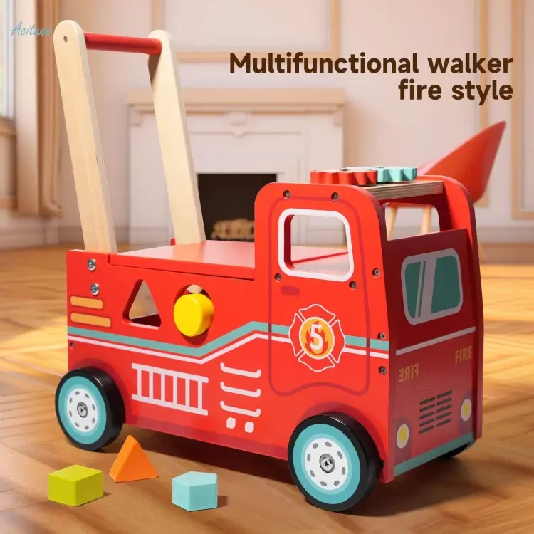 Baby Push Cart Learning Fire Truck Theme Stand Push Pull Toy