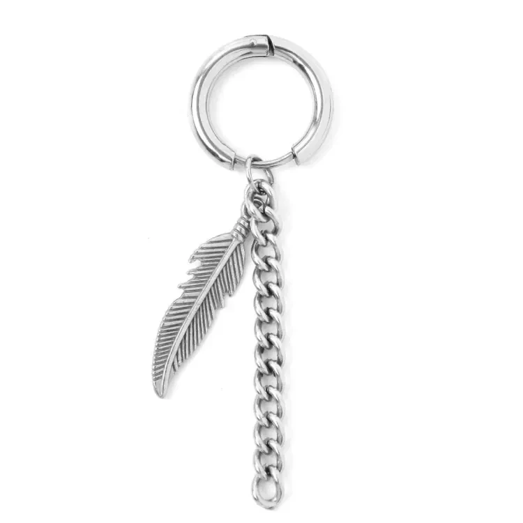 Fashion Men Punk Earrings Feather Tassel Long Chain Pendant Stud Earring Unisex Trend Rock Ear Clip Jewelry