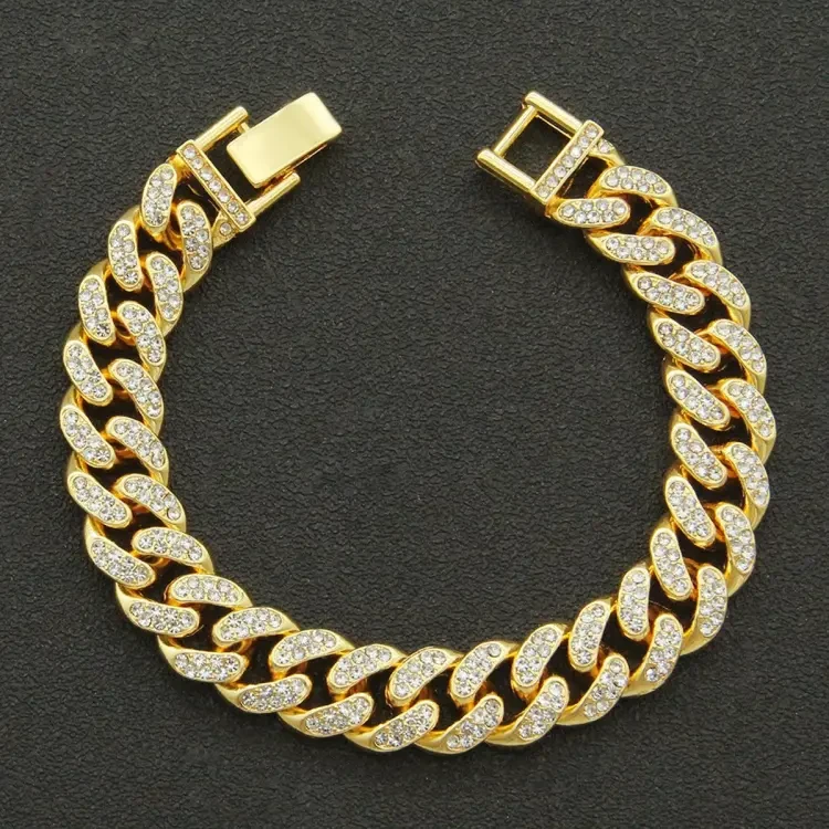 New style Men Cuban Link Chain Bracelet Shiny Rhinestone Inlaid Bangle Jewelry