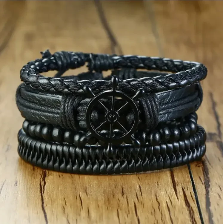 Fashionable Trendy 4 Pcs/ Set Multilayer Leather Bracelet for Men Simple Stylish - Vintage Wooden Leather Rope 4 Pcs/set Adjustable Bracelet for Men New Collection/ Couple Bracelet for Boys