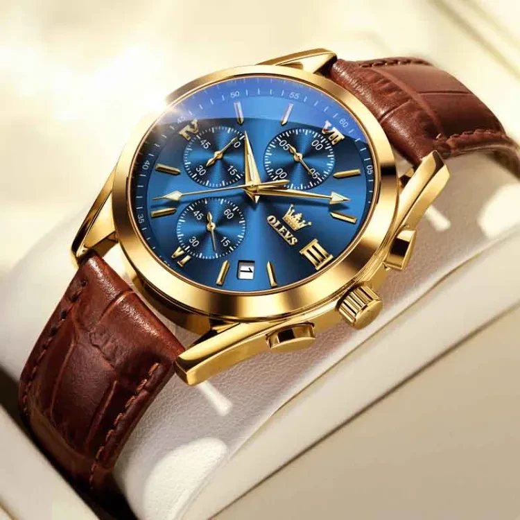 olevs leather waterproof quartz fashion watch for men