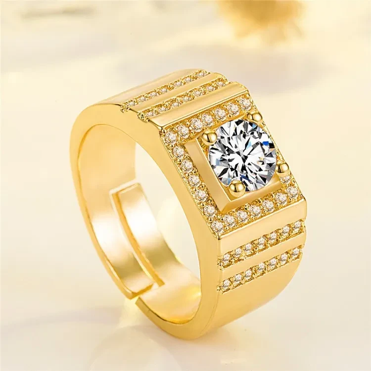 ***Cross-border best-selling source: yellow gold-plated ring, set with diamond zircon, business tradition, large wide open sand gold men's ring