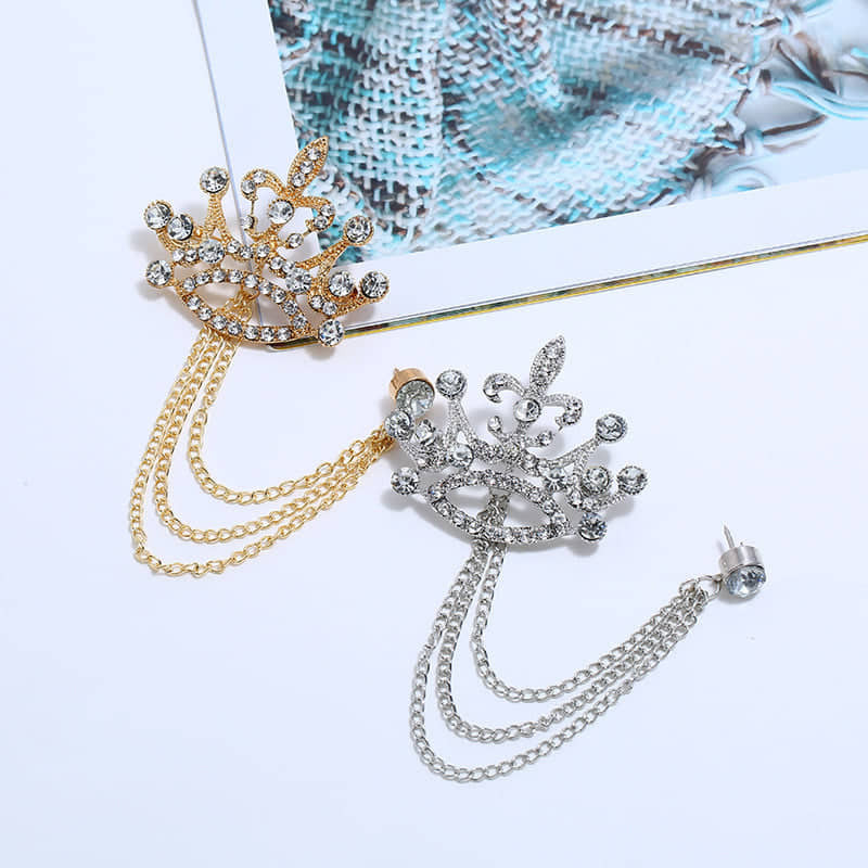 Crown Shape Brooch Tassel Chain Lapel Pin Retro Corsage Suit Accessory