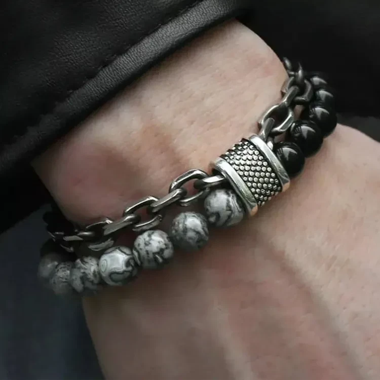 Men's Tiger Eye Stone Beaded Bracelet Stainless Steel Gunmetal Link Chain Yoga Bracelet Male Jewelry