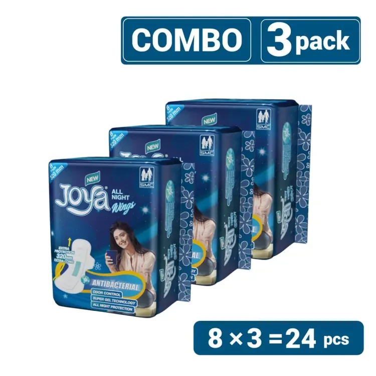Joya Sanitary Napkin - Wings All Night - 8 Pads Pack - Panty/Wings System - Combo of 3 Pack - 24 Pads - pad