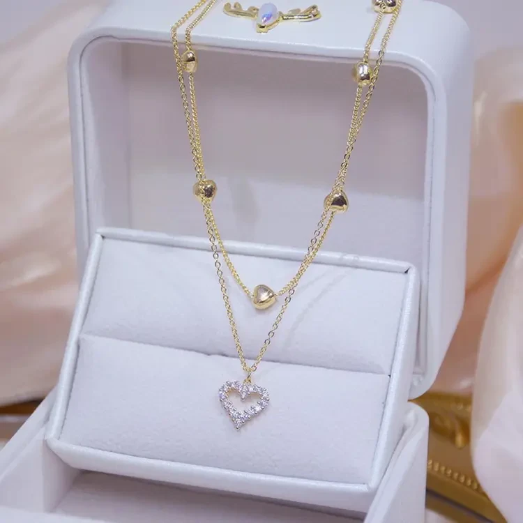 Korean Double Layer Heart Necklace Shiny Bling Zircon For Women Clavicle Chain