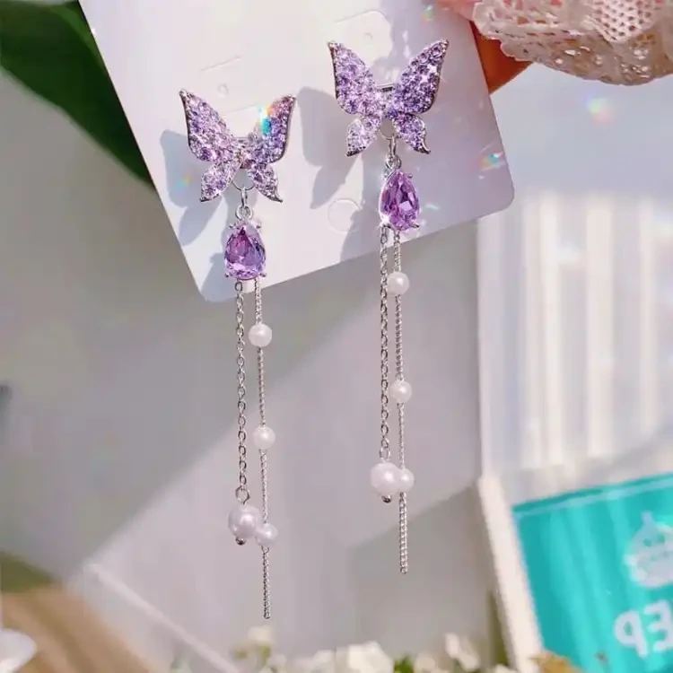 Korean Fashion Purple Crystal Butterfly Drop Earring for Women Tassel Chain Rhinestone Earring Jewelry